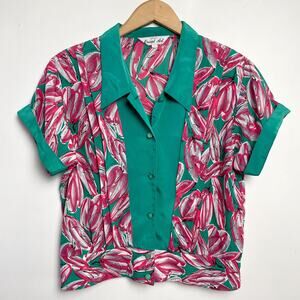 Vintage Abstract Floral Blouse Medium Pink Green Retro Resort Boxy Colorful Dopa